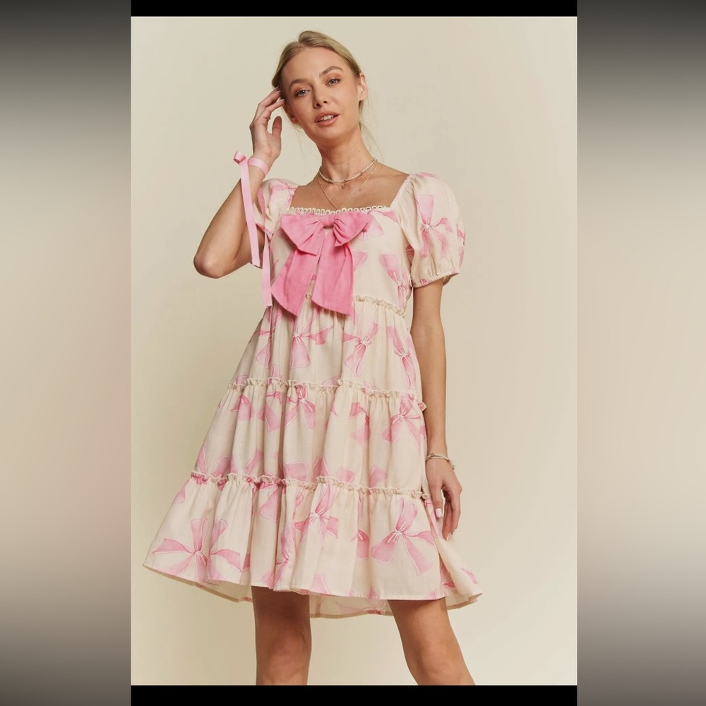 Pink Bow Puff Sleeve Dress - Picture 3 of 10